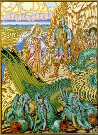 Dobrynya Nikitich rescues Zabava from the dragon Gorynych, Ivan Bilibin